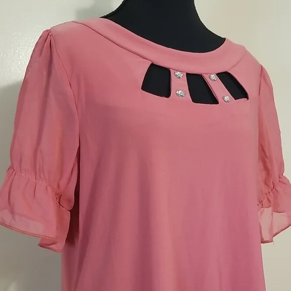 Adele & May Blush Pink Rhinestone Neckline Sheer Sleeve Blouse Career Office L - Picture 2 of 9